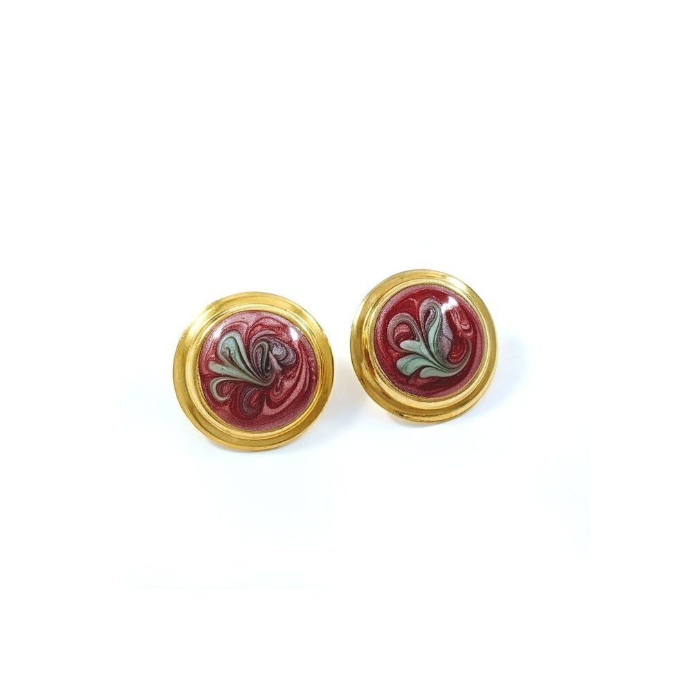 Vintage Round Domed Gold Tone Enamel Swirls Earrings